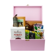  A beautiful pink wooden box with a hinged lid, perfect for gifting or storage.