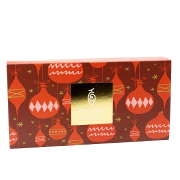 SOPHY Mediterranean Inspired Chocolates – Festive Collection Packaging. ÉSOPHY brand box for Luxury Greek Pralines with red Christmas ornament design.