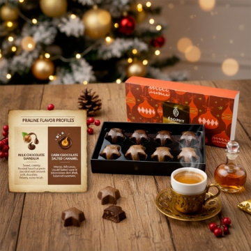 ÉSOPHY Gourmet Chocolate Gift Set Pairing: Praline Flavor Profiles with Greek Coffee and Mastiha Liqueur. Luxury Greek Pralines flavor breakdown: Gianduja (sweet, creamy, hazelnut milk chocolate) vs. Dark Chocolate Salted Caramel (intense, rich cocoa). Paired with Greek coffee and Mastiha liqueur.