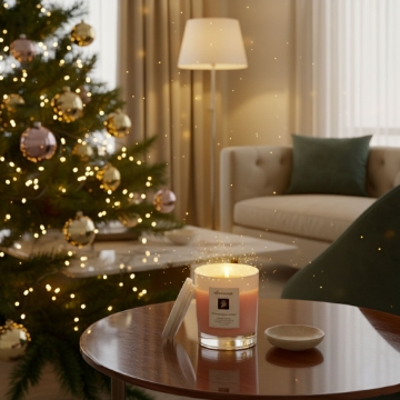 The Perfect Luxury Holiday Gift: elenianna Milos Whispers of Love elenianna Milos Whispers of Love spicy floral candle as the perfect luxury holiday gift, lit in front of a Christmas tree