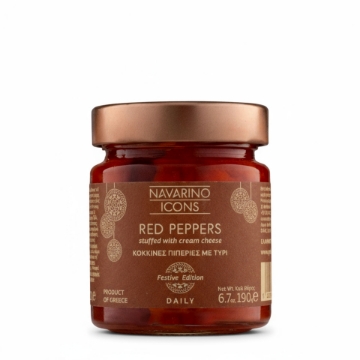 Navarino Icons Stuffed Red Peppers with Cream Cheese (190g) Jar of Navarino Icons Red Peppers stuffed with cream cheese, 190g, showcasing the "Festive Edition" label, Product of Greece