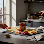 Gourmet antipasti platter featuring Navarino Icons stuffed red peppers, assorted cheeses, prosciutto, and a hand pouring red wine