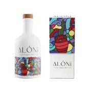 ALÓNI 'The Grove' Limited Edition EVOO bottle with collectible art by Greek artist Soteur shown next to its matching gift box