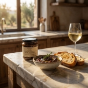 Lifestyle serving suggestion of Navarino Icons Olive Tapenade on marble countertop with toasted bread and Greek white wine