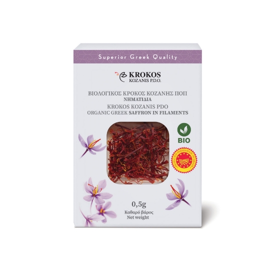 Krokos Kozanis Organic Greek Saffron 0.5g P.D.O. filaments in premium white packaging with red saffron threads visible through the window.