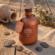 Nafsika Premium Extra Virgin Olive Oil bottle on a rustic wooden table surrounded by ancient Greek coins, olive branches, and a clay amphora.