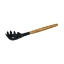 Black silicone spaghetti server with olive wood handle on a white background.