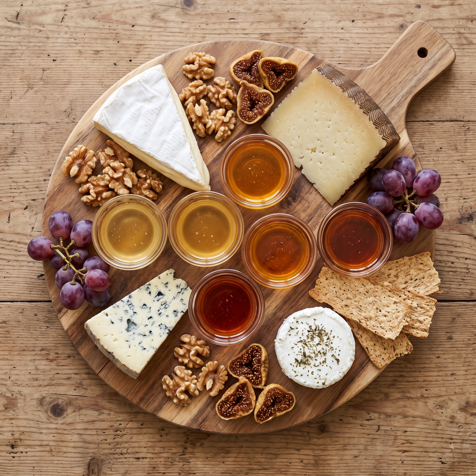 Planche de fromages affinés au miel grec et fruits secs finished dish serving suggestion