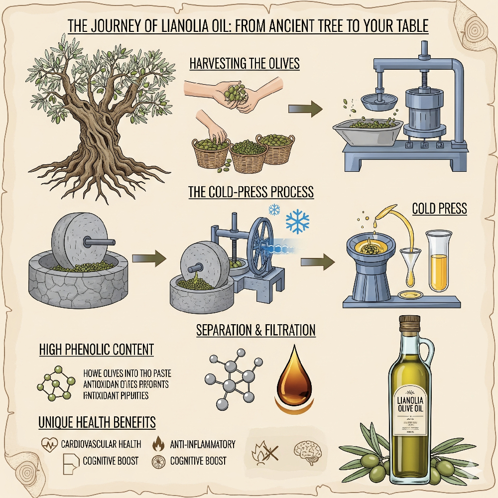 Infographie : Le parcours de l’huile d’olive Lianolia, de l’arbre à la bouteille, montrant la récolte, la pression à froid, la séparation, la teneur élevée en composés phénoliques et les bienfaits pour la santé.